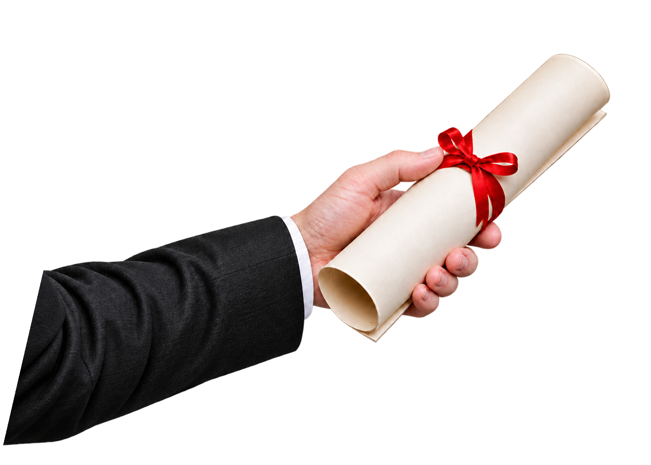 A hand holding a rolled certificate tied with a red ribbon